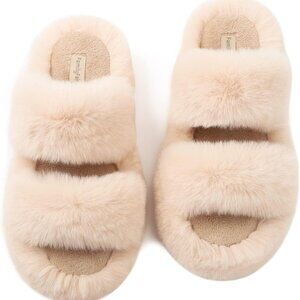 Women's Faux Fur Slippers Open Toe Rubber Sole Cozy Indoor Outdoor Comfort